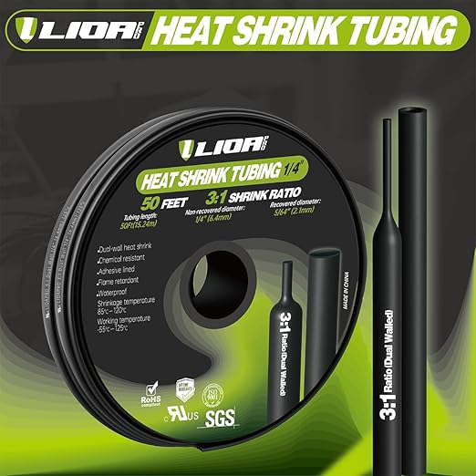 50ft 3:1 Heat Shrink Tubing - Adhesive-Lined Marine Grade, Black 1/4 inch - Ideal for Home, Automotive & Industrial Applications
