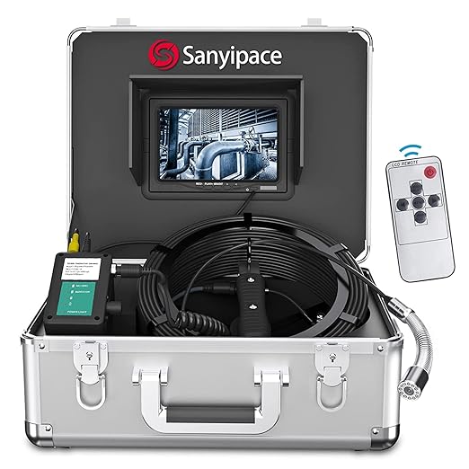 Sanyipace Drain Camera, Sapphire Lens, Remote Control, 5X Zoom in, 1080P FHD, Battery Level Display, 12 Adjustable LEDs, Plumbing Snake, Waterproof Pipe Inspection Camera, 16GB TF Card, 65FT/20M