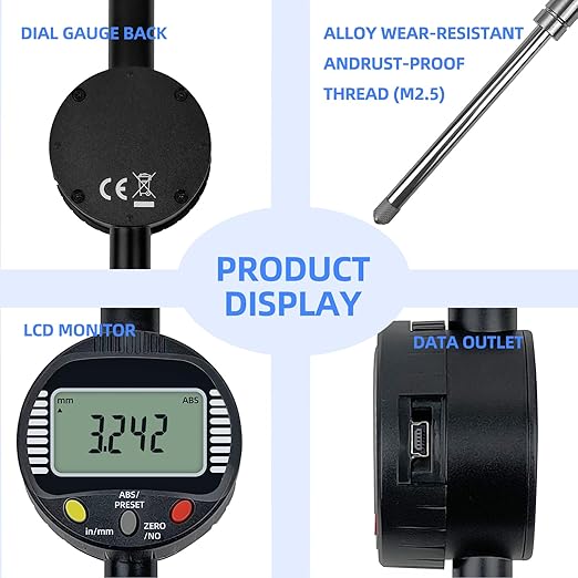 Digital Dial Gauge,with A Range of 50.8mm/2 in,Dlectrical Digital Indicator Graduation of 0.001mm,Metric and Imperial Measure Tool.Electronic Dial Gauge for Bearing Measurement and CNC Machine