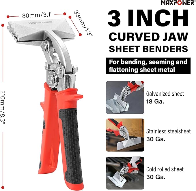 MAXPOWER 2-Piece Sheet Metal Hand Seamers, 5 Blade Pipe Crimper and 3-inch Offset Jaw Sheet Metal Bender with Ergonomic Handle