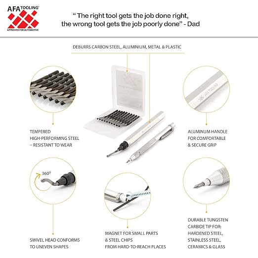 AFA Tooling - Deburring Tool with 11 High Speed Steel Swivel Blades and Tungsten Carbide Scribe - Works on Metal, Resin, PVC Pipes, Copper, Plastic and 3D Printed Edges - Plumbing & 3D Printing Tool