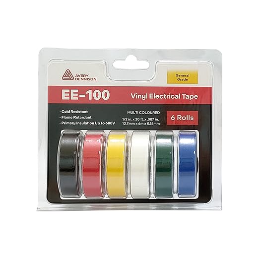 Avery Dennison Electrical Tape, 72 Rolls General Use PVC Electric Tape, UL/CSA Listed 1/2 in x 20 ft Insulating Vinyl Tape for Electrical, Repairs, Automotive and Equipment, EE-100, Multi Colored