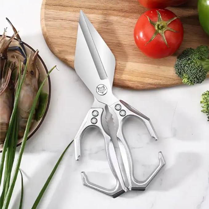 Multi-Purpose Kitchen Scissors,stainless steel scissors,Poultry Shears,Sharpeners Bottle Openers Zester and More Stainless Steel,for opening cans and heavy duty poultry cutting (Silver)
