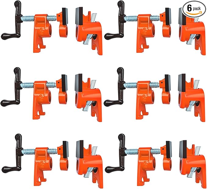 Pipe Clamps 3/4 inch 6 Pack Pipe Clamp with Unique Foot Ideal for Carpentry, Home Improvement, and DIY Projects Wood Gluing Clamps (Orange, 3/4 IN with Pads)