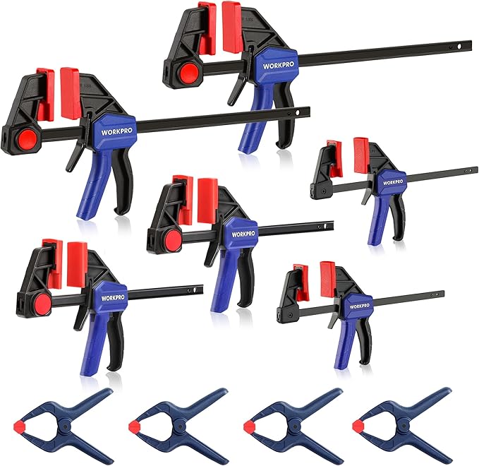 WORKPRO 10-Pack Bar Clamps for Woodworking, 6-Inch (2) Mini & (2) Light Duty and 12-Inch (2) Wood Clamps & 1-Inch (4) Spring Clamps, F Clamp with 50/150 LBS Load Limited