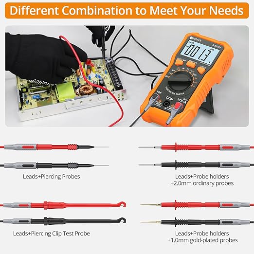 Neoteck 17PCS Multimeter Automotive Test Leads Wire Piercing Clip Puncture Probes Replaceable Gold-Plated Multimeter Probes 4mm Banana Plug Extension Test Cable Set