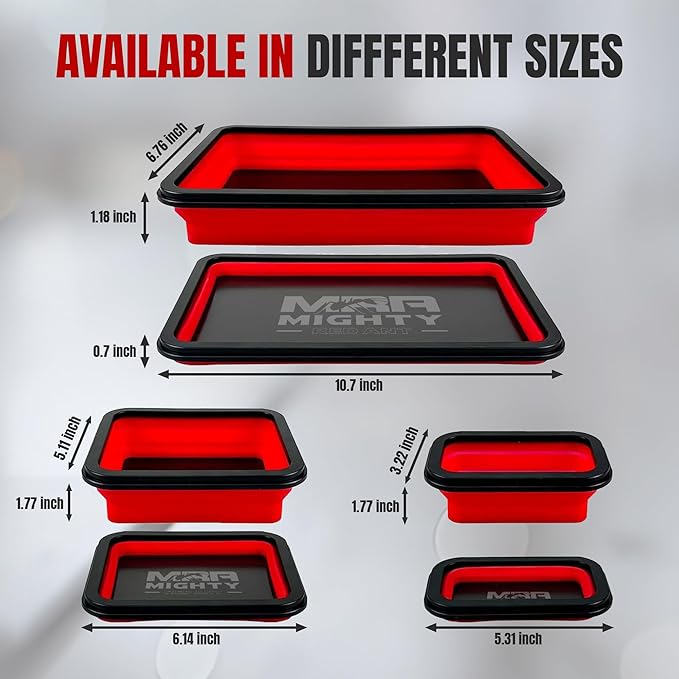 Collapsible Magnetic Tray Set of 3 Sizes – Foldable Silicone Tool Tray Organizer for Screws, Bolts, Nuts, Washers, Pins, & Small Metal Parts with Durable Magnetic Base (Red)