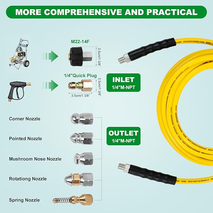 Sewer Jetter Kit for Pressure Washer,Water Jet Drain Cleaning Hose with Corner Rotating Button Spring Nose 1/4" NPT Sewer Cleaning Tool High-Pressure Nozzles,5800 PSI 150 FT