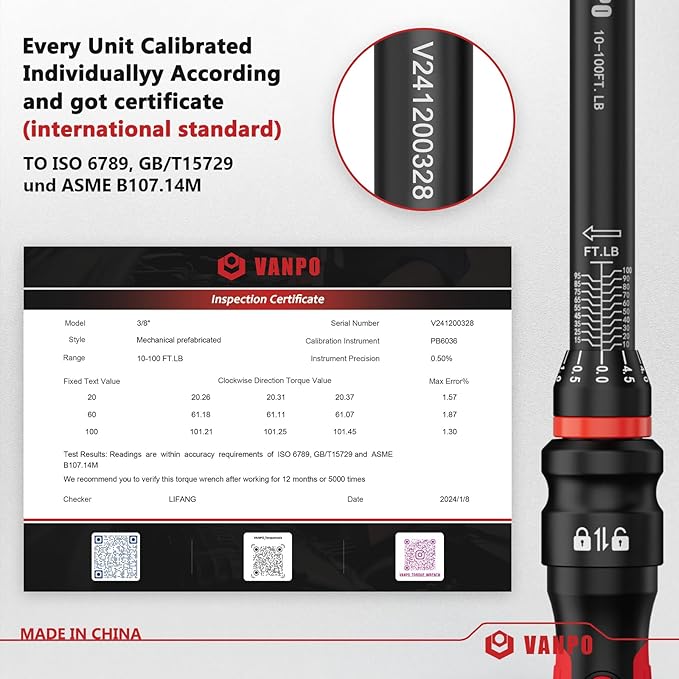 Torque Wrench 3/8-Inch Drive, 10-100 Ft-Lb/13.6-135.5Nm Click Adjustment Torque Wrench with 3/8" to 1/2" Adapter, 125mm Extension Bar Motorcycle, Car & Small Machinery Maintenance
