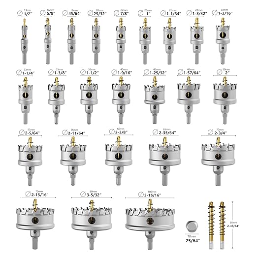 GSTK Upgraded 26 PCS Heavy Duty Carbide Hole Saw Set, Metal Steel Drill Bit, TCT Cutter, 24 Saws with 2*Extra Pilot Center Drills, Ideal for Metal, Iron, Stainless (1/2''- 3-15/16'')-26PCS
