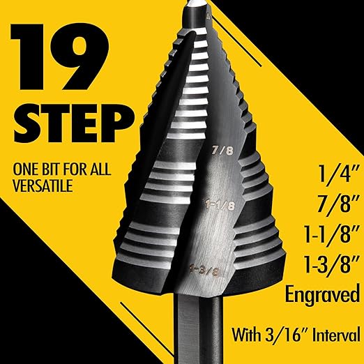 Four Spiral Flute Cobalt Step Drill Bit, 1/4" - 1-3/8" M35 TiAlN Coating Impact Ready Unibit Step Drill Bit, Tri-Flat Shank Shank Step Bit for Metal, Stainless Steel, Aluminum, Plastic