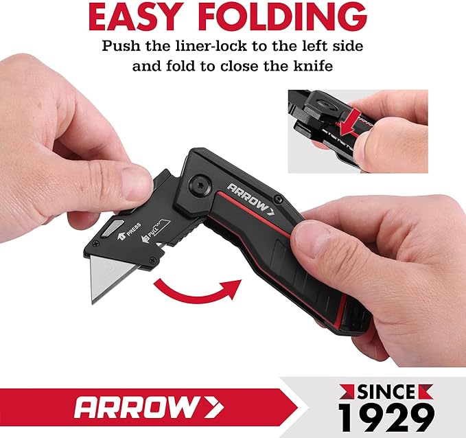 ARROW Folding Utility Knife, Quick-Change Box Cutter with Belt Clip, Liner Lock, Heavy Duty Aluminum Razor Knife with Comfortable Handle, 10 Extra SK2 Blades Included