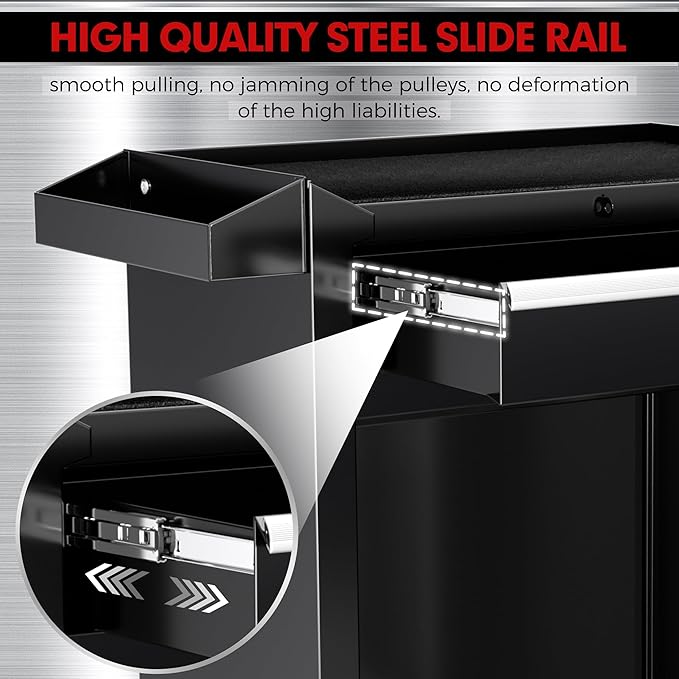 Crownland 5-Drawer Rolling Tool Chest with Wheels, Lockable 2 in 1 Detachable Tool Cabinet wit Drawers and Black Liners, Garage Top Toolbox & Bottom Storage Cart with Side Hooks(Black)