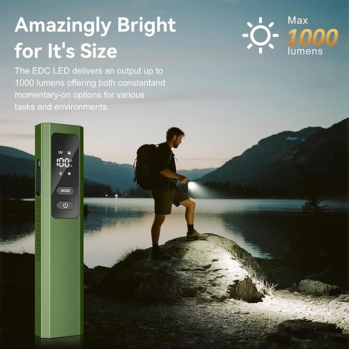5-in-1 Rechargeable EDC Flat Flashlight, High Lumens Pocket Torch with White LED, UV, Magnetic Base & Clip, Compact Flat Flashlight for Camping, Emergency, Work with Bag (Green)