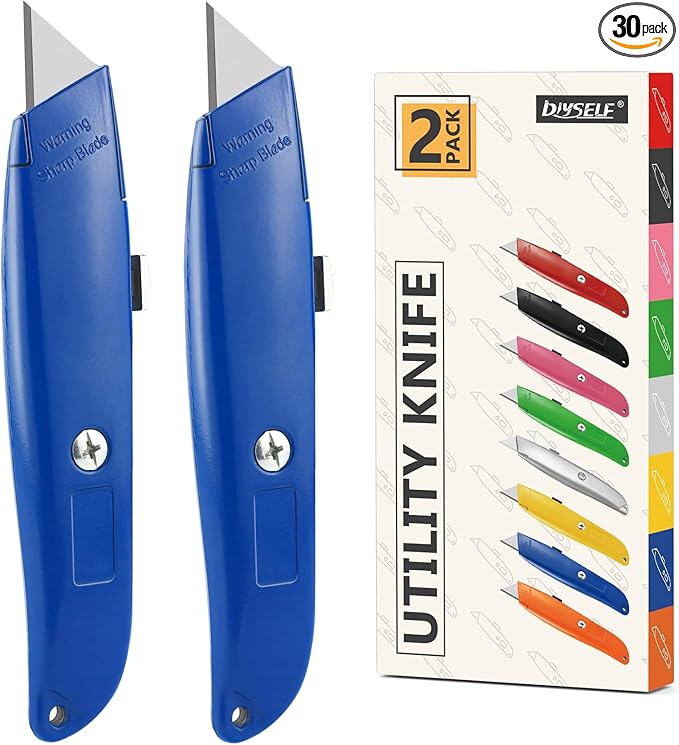 DIYSELF 30 Pack Box Cutter Heavy Duty Aluminium Shell Utility Knife | SK5 Steel Sharp Blade | Retractable Knife for Cutting Cartons Ropes and Cardboard | Home and Office Use (Blue)