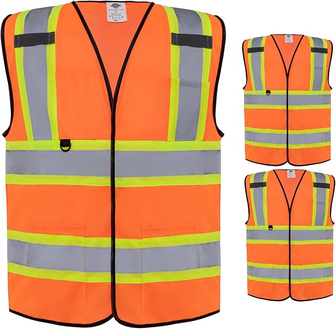 Dazonity Safety Vest with Multi-Pockets,2pcs,Reflective & High Visibility for Work,Construction,Parking,Warehouse,Orange