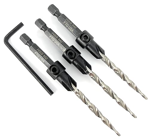 FTG USA Adjustable Wood Countersink Drill Bit Set 3 Pc #10 (3/16") with Tapered Drill Bits for Woodworking