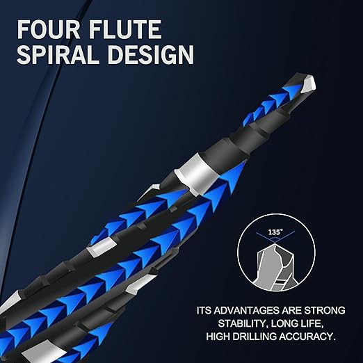 M35 Four Spiral Flute Cobalt Step Drill Bit, 3/16"-7/8" Wear-Resistant TiAlN Coated Four-Flute Step Bit, 1/4" Hex Shank Unibit Step Bit for Metal, Stainless Steel, Aluminum, Wood, Plastic
