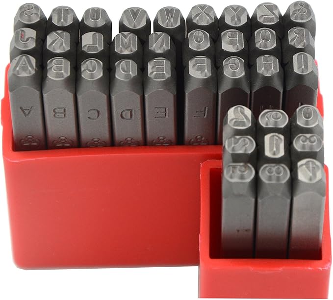 36pcs Heavy Duty Steel Stamp Uppercase Letters and Number Set 3/16" 5mm Hand Stamping Character Mark Code Alphabet Punch Kit for Jewelry Metal Sheet Plate Mold Die Making