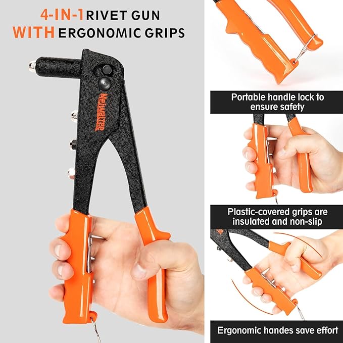 Meiwaltee Rivet Gun,Professional Pop Rivet Gun Kit with 200Pcs Rivets, 3/32"-1/8"-5/32"-3/16", Heavy Hand Riveter kit Suitable for Metal Work, Gutter, Automotive and Other Common DIY Projects