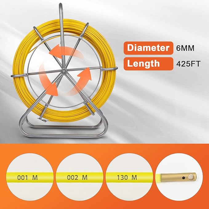FAHKNS 425FT Fish Tape Fiberglass 1/4 inch(6MM) Fishing Wire Puller Duct Rodder Cable Running Electrical Fishtape Tool Rod with Steel Reel Stand Through Wall Pipe Length Marking in Meter