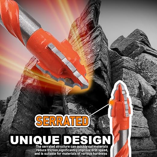Serrated Concrete Drill Bit Set 10PCS (3/16”-1/7”), Tungsten Carbide Tip Masonry Drill Bits Set for Glass, Metal, Brick, Tile, Concrete, Plastic and Wood