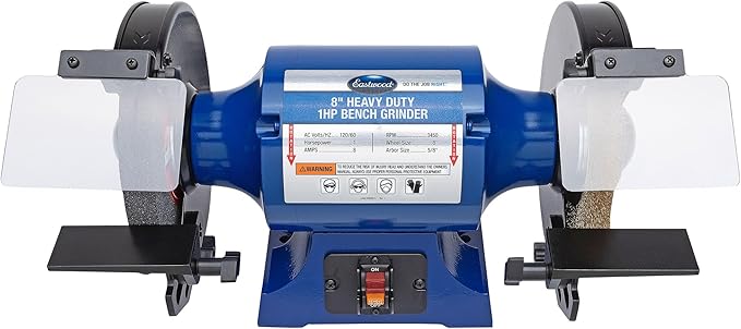 Eastwood 8 Inch Heavy Duty 1HP Bench Grinder | Industrial Grade High Precision Bench Grinder | Includes 8" Grinding Wheel & Crimped Wire Wheel with 3450 RPM Motor | Easy to Remove Wheel Guard Sides