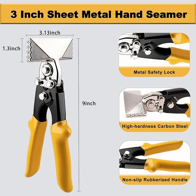 3 Inch Sheet Metal Hand Seamer, TPR Handle Straight Jaw Bender, Heavy Duty Precision Duckbill Pliers for Bending, Seaming, Flattening Ideal for HVAC Projects, Metalworking & DIY Repairs