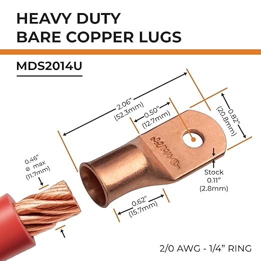 SELTERM 25pcs 2/0 AWG 1/4" Stud Battery Lugs, Ring Terminals, Heavy Duty Copper Wire Lugs, Battery Cable Ends, 00 Gaug Ring Terminal Connectors, UL Bare Copper Eyelets Electrical Battery Cable Lugs