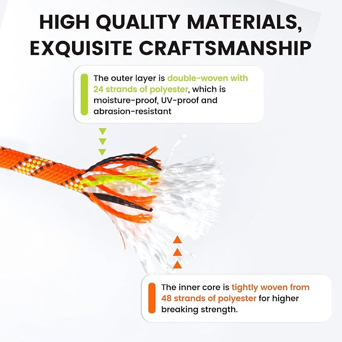 1/2in 50ft Double Braid Polyester Rope, 48 Strands, 5290lbs Breaking Strength, Orange Arborist Rigging Rope for Various Indoor Outdoor Use Hiking Camping Swing Sailing