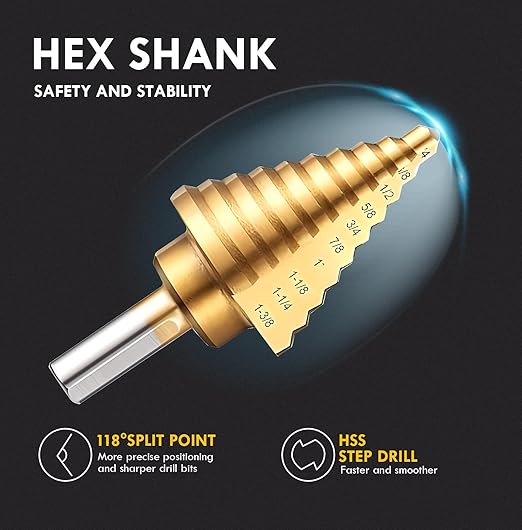 6 PCS Step Drill Bit Set with Automatic Center Punch, 1/8" to 1-3/8", High-Speed Steel Step Drill Bit for Stainless Steel, Metal, Aluminum, Copper, Wood, PVC