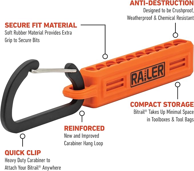 Screwdriver Bit Holder Storage Organizer – Railer 10-Hole Black and Orange Bit Holder with Carabiner - 2 Pack