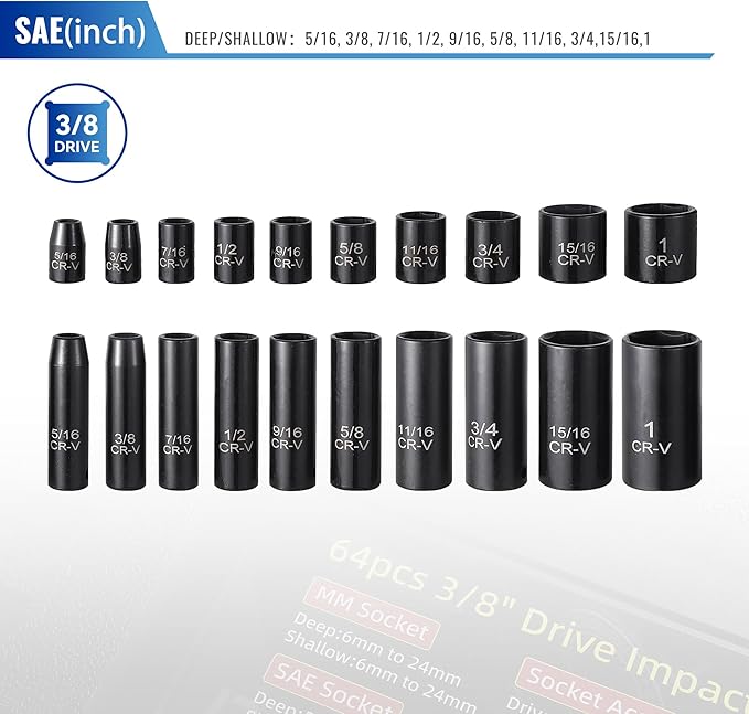 64-Piece 3/8" Drive Socket Set, SAE (5/16"-1") & Metric (6mm-24mm), Deep & Shallow, 72-Tooth Ratchet Wrench, Extension Bars, 1/2" F to 3/8" M Reducer, Universal Joint & Power Drill Adapter