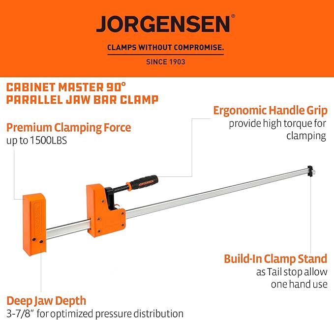 JORGENSEN 48-inch Bar Clamps, 90°Cabinet Master Parallel Jaw Bar Clamp Set, 2-pack
