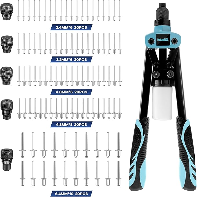 Meiwaltee 13" Rivet Gun, 1/4 Pop Rivet Gun with 100 Pcs Rivets, Manual Hand Heavy Duty Riveter with 5 Nosepieces for Plastic Metal,Aluminum, Plastic, Tube Stock,Gutter & Automotive.