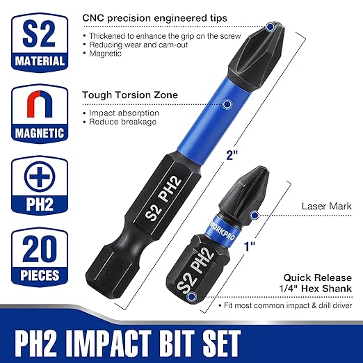 WORKPRO 16pcs PH2 Impact Phillips Screwdriver Bit Set, CNC Machined S2 Steel Tips with Magnetism, 1/4" Hex-Shank Driver Bits, 1"& 2" Long Impact Screwdriving Bits with Storage Box