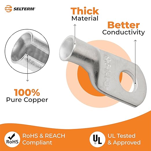 SELTERM 25pcs 8 AWG 1/4" Stud Marine Grade Tinned Copper Battery Cable Lugs, 8 Gauge Ring Terminals, UL Wire Lugs Electrical Battery Cable Ends, Tinned Copper Lugs Battery Terminal Connectors