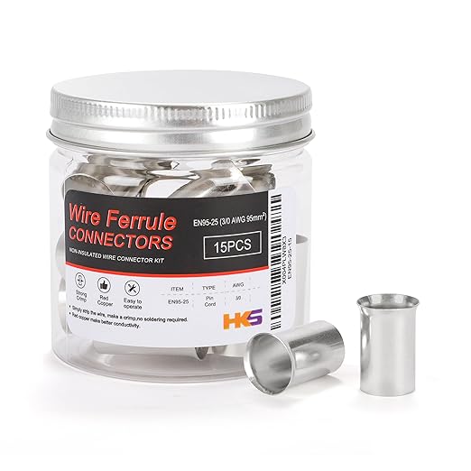 HKS 15PCS Non-Insulated Wire Ferrules- AWG3/0-95.0mm² Copper Barrel Pin Cord Terminals for Wiring Electrical Crimp EN95-25