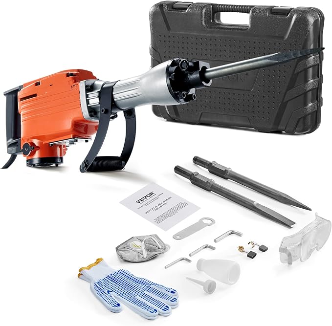 VEVOR Demolition Jack Hammer, MAX 2200W Electric Jackhammer Heavy Duty, 1350 BPM Concrete Breaker 2pcs Chisels Bit Chipping W/Case
