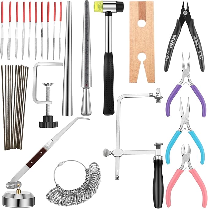 Chumia Jewelers Tools Set Including Jeweler's Saw Frame 144 Blades Third Hand Tweezers Wooden Pin Clamp Multipurpose Needle File Wooden Ring Clamp Ring Sizer Mandrel Measuring Tool Mallet Hammer