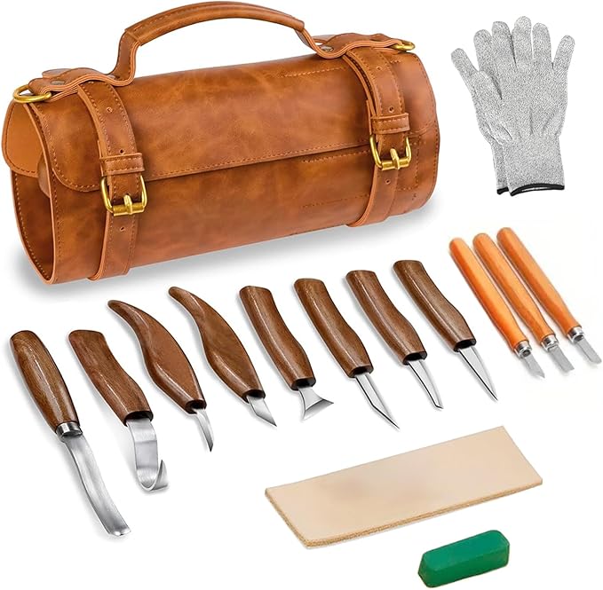 Wood Whittling Kit for Beginners, 15PCS Wood Carving Tools Kit,Basswood Carving Blocks,Gloves,Roll Bag, Sharpener for Widdling Kit
