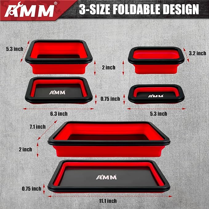 AMM Foldable Magnetic Parts Tray Set, 3 Different Size Magnetic Tool Trays for Bolts Screws Nuts & Small Metal Parts, Mechanic Tool Present for Men，Red