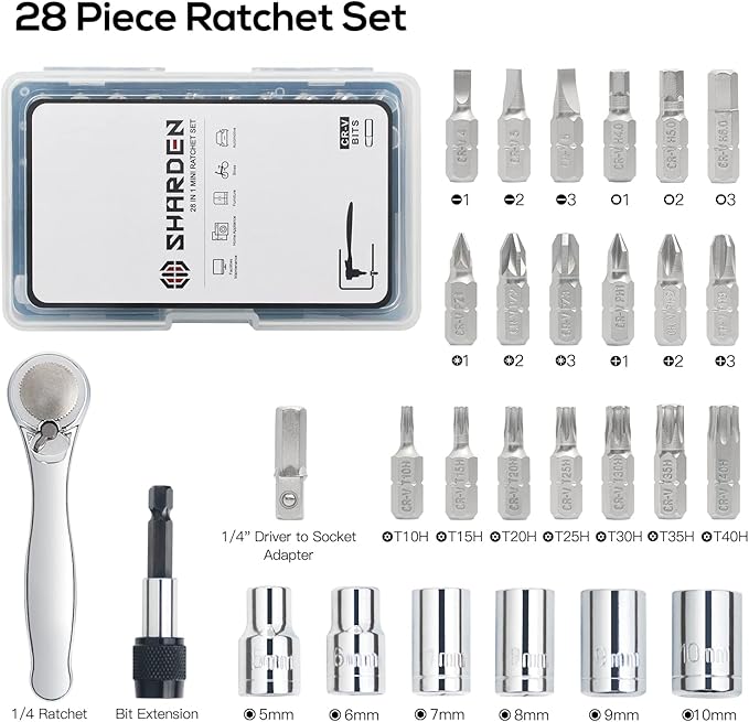 Sharden 1/4 Mini Ratchet Set 28pcs Right Angle Screwdriver and Bit with Metric Socket Set, 72 Tooth Small Ratcheting Wrench Offset Screwdriver Low Profile Stubby Ratchet for Tight Spaces