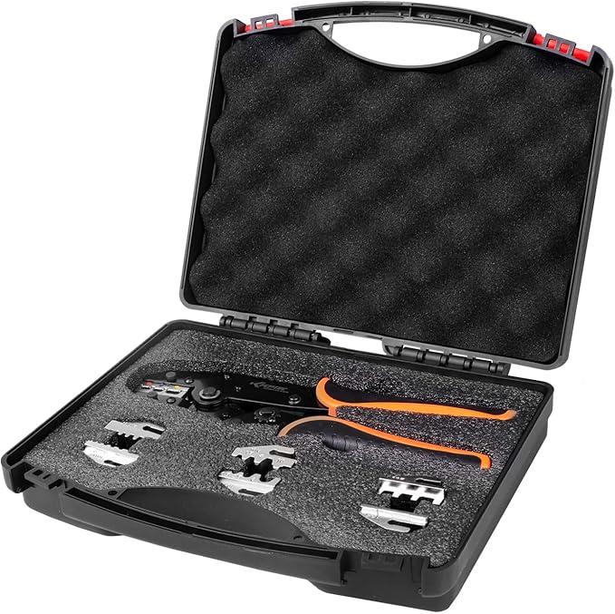 KF CPTEC 5PCS Ratchet Wire Crimping Tool Kit with Quick-Change Jaws for Heat Shrink, Insulated & Non-Insulated Connectors, Ferrules, Open Barrel, OT & UT Terminals – with Storage Case