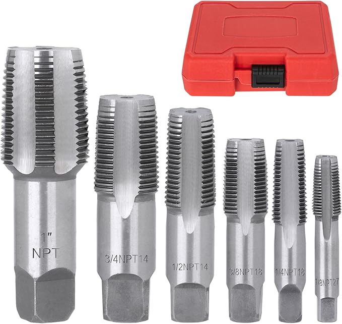 6-Piece NPT Pipe Tap Set, 1", 3/4", 1/2", 3/8", 1/4", 1/8" Taps Threading Tool, Precision Carbon Steel Tap Set Metric and Standard for Clean and Re-Thread Damaged or Jam Pipe Threads in Storage Case