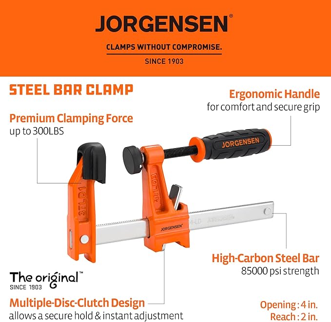 Jorgensen 2-Pack Steel Bar Clamp Set, 4-inch Light Duty, 300 Lbs Load Limit, for Woodworking