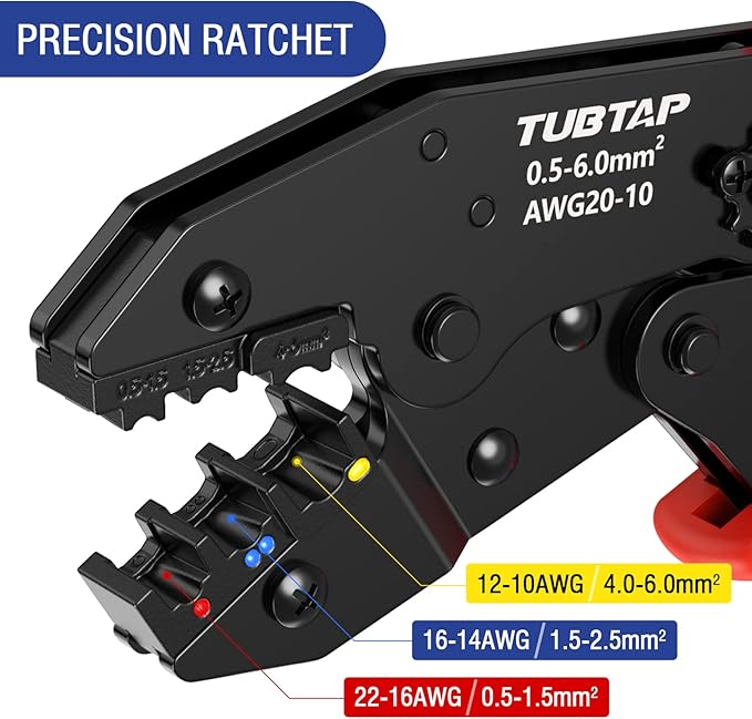 TUBTAP Crimping Tools for Electrical Connectors [AWG 20-10] - Wire Crimpers - Wire Crimping Tool - Ratcheting Wire Crimper for Heat Shrink Wire Connectors and Insulated Nylon Connectors, 0.5-6.0mm²