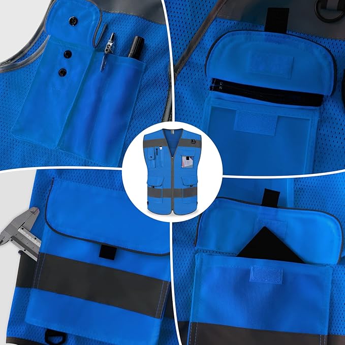 TCCFCCT Mesh Hi Vis Vest 9 Pockets High Visibility Reflective Safety Vest for Men Women, Safety Construction Vest with Reflective Strips, Meets ANSI/ISEA Standards, (Blue, Medium)