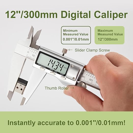 All-Metal Digital Caliper 0-12" Measuring Tool, Micrometer Caliper with Auto-Off Feature, Interchangeable Between inches and millimeters for DIY/Household and 3D Printing