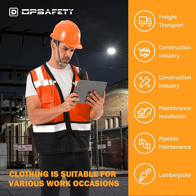 Reflective Safety vest With back plan pocket,High visibility Class 2 Heavy Duty Surveyor Vest with Zipper,Hi Vis Construction Work Vest for Men＆Women ANSI/ISEA(Orange-Bottom,4XL)